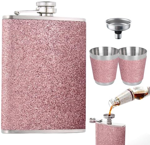 Saituo Home Petacas de Alcohol Portátil Rosa, 8oz Glitter Petaca Cuero PU