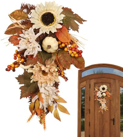 Höstkransar för ytterdörren Lantliga konstgjorda blomstergirlanger | Säsongskrans med röda och orange bär För Höst Skördetid Halloween Tacksägelsedagen Utomhus Vägg Bord