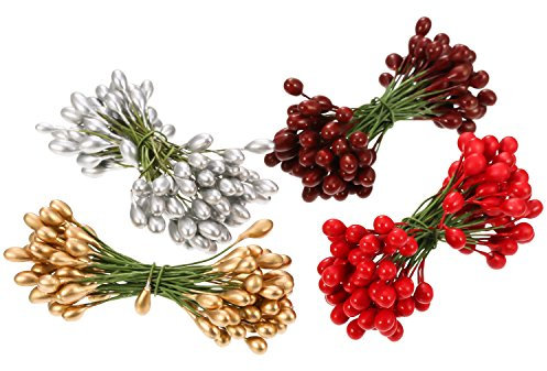 BBTO Pack of 400 multicoloured artificial holly berries, Christmas fake fruit berries on 200 wire stems for Christmas tree decoration, wreath craft, preferred use at wedding parties