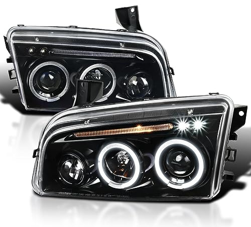 SPEC-D TUNING Jet Black LED Dual Halo Projector Headlights Compatible with 2006-2010 Dodge Charger, Left + Right Pair Headlamps Assembly