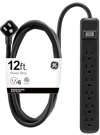 GE 6-Outlet Power Strip, 12 Ft Extension Cord, Flat Plug, Grounded, Integrated Circuit Breaker, 3-Prong, Wall Mount, UL Listed, Black, 45192