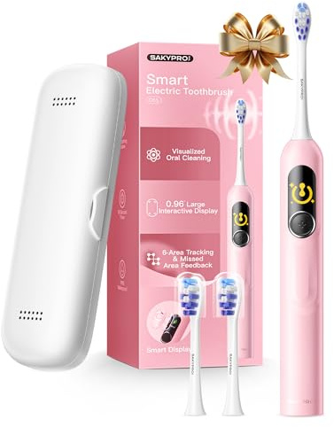 SAKYPRORAL Kids Electric Toothbrush for Girls Teens (6-15Y), Smart Screen with Brushing Score, Soft Bristles, Visual Timer for Braces, 150 Days Battery with Travel Case (Pink)