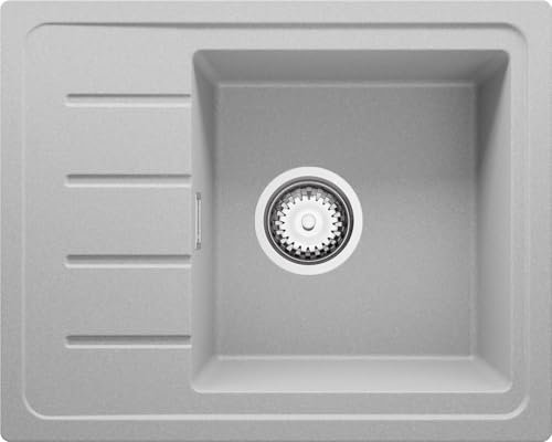 PRIMAGRAN Evier Cuisine en Granit Gris 55x44cm, Lavabo 1 bac + Kit de Vidage, Évier à Encastrer al mueble 45cm - Copenhague Easy S005