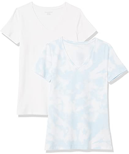 Amazon Essentials Women's Regular-Fit Short-Sleeve V-Neck T-Shirt, Pack of 2, Blue Tie Dye/White, XXL