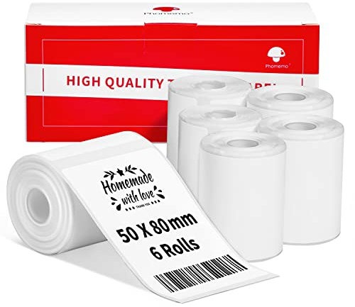 6 Rollen Phomemo M120/M110 Etiketten, 1.97x 3.15 (50 x 80 mm) Thermoetikettenpapier für Phomemo M120/M110/M200/M220 Etikettendrucker, Thermoetikett, Weißes Thermopapier, 100 Etiketten/Rolle