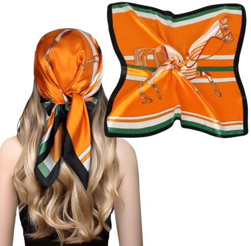 EXTREE Damen Silky Satin Headscarf SCHAL, Armeegrün Pferd, Orange, Schwarz und Weiß, x 26.7’’ (6868cm)