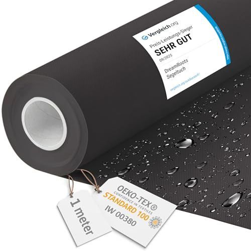 DreamRoots Segeltuch Wasserdicht - Polsterstoff Meterware 160 cm breit - Wasserabweisender Stoff 220 g/m2 600D - Markisenstoff Wasserdicht Meterware Schwarz 1M