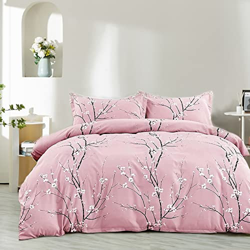 Nyescasa Bettwäsche 155x220 2 Teilig Rosa Blumen Botanisch Muster Bettwäsche-Set Blume Zweig Design Wendebettwäsche Weiche Mikrofaser Bettbezug mit Reißverschluss und Kissenbezug 80x80cm