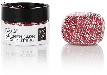 Vaily Küchengarn – Hitzebeständige Grill-/Bratenschnur für Fleisch, Geflügel und mehr in Spenderbox mit 2 Rollen à 100 m Koch-Bindfaden Rot/Weiß