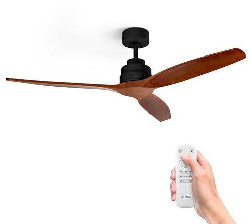 Ufesa Ventilateur de Plafond CFTB, 40W, 6 Vitesses, Ultra Silencieux, 3 Pales en Bois Naturel 132cm, Fonction été - hiver, Minuterie 8h, Télécommande, Noir - Bois Foncé
