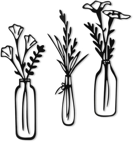 3 Pieces Flowers Vase Wall Art Hanging Decor Acrylic Flowers Wall Decor Black Minimalist Flower Wall Sculpture Decorative Floral Wall Decoration Vase Flowers Interior Decor for Living Room Bathroom
