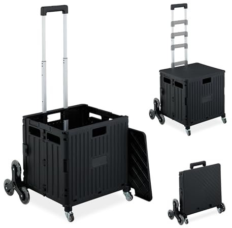 Relaxdays Chariot de Courses Monte escalier, Caisse à roulettes, Couvercle et poignée, jusqu'à 35 kg, Noir