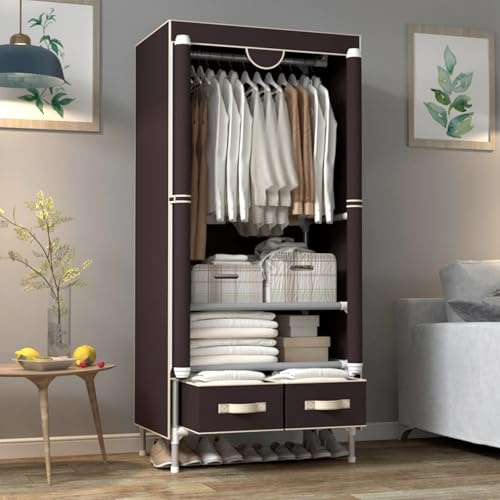 Anmas Power Portable Canvas Wardrobe with 2 Drawers, Hanging Rail, and Shelves, 75x45x170cm for Bedroom, Dark Coffee