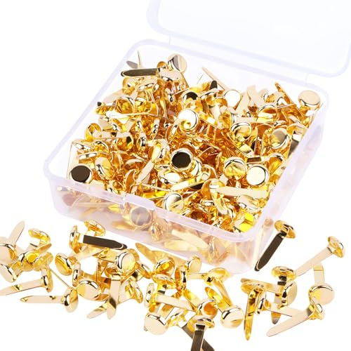 Nuyoah Pattern Bag Clips, Gold Pattern Clips, Mini Brads, Round, Pack of 100, Round Head Clips, Metal Wing Clips, Small, 8 x 18 mm for School, Office, Paper, Letter Clips, Crafts, DIY