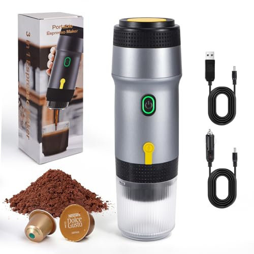 LAMA Portable Electric Espresso Machine, 3 in 1 Travel Coffee Maker, 4-5 min Self-Heating, Large Capsules, Small Capsules, Ground Coffee for Camping, RV, Office, Home Silver