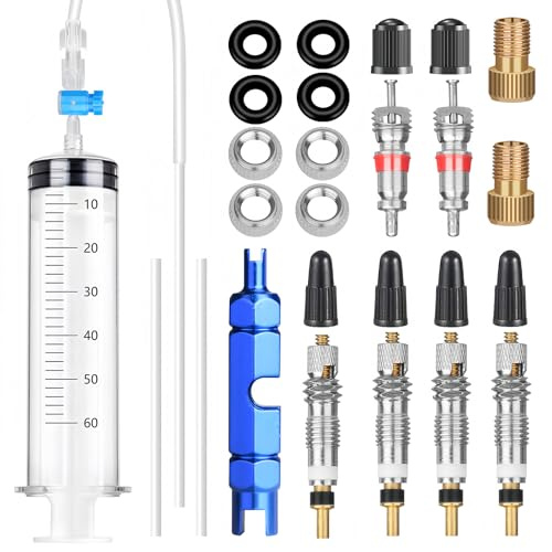 Scalnuvyyh Siringa Tubeless, Biciclette Siringa per Liquido Sigillante 60ml Siringa per Lattice MTB Tubeless Kit con Chiave Valvola Presta, Nucleo della Valvola, Adattatore, Tappi Valvola