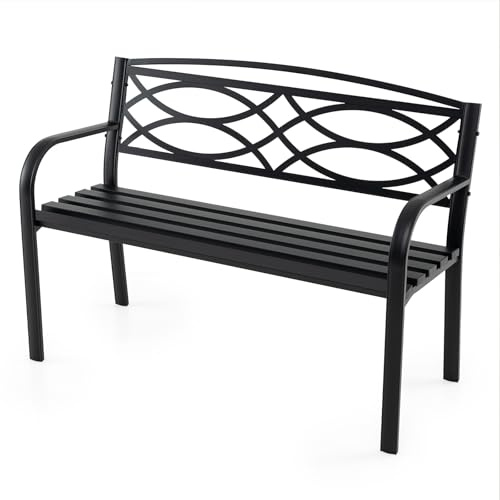 KOMFOTTEU Banco de Exterior de Metal de 2 Plazas, Banco de Jardín con Reposabrazos y Respaldo Ergonómico, Asiento de Láminas con Carga de 300 kg, para Terraza, Parque, Patio, 116 x 49 x 83 cm