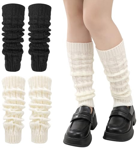 Zuimei 2 Pairs Knit Leg Warmers for Women, Crochet Knitted White and Black Leg Warmers Boot Topper Socks for Women and Girls Winter 80s Y2K Dance Ice Ballet Skating Party