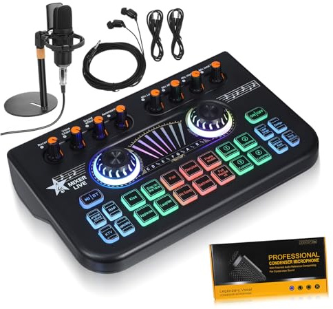 Housoutil Équipement De Diffusion en Direct Kit De Microphone Table De Mixage DJ Table De Mixage De Podcast Audio Carte Son en Direct Stéréo