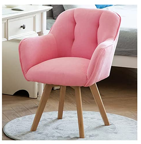 Poltrona girevole in velluto rosa in tessuto accogliente con gambe in legno robuste senza ruote, perfetta per piccoli spazi, scrivania, club e sala ospiti