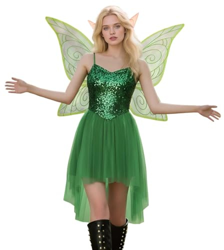 Générique Costume de Fée pour Femme avec Haut à Paillettes Scintillantes et Jupe en Tulle - Déguisement D'elfe Magique avec Ailes pour Carnaval et Fête