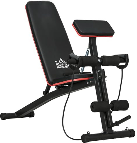 HOMCOM Banc de musculation pliable inclinable, banc réglable pour le développé couché, le curl biceps, la musculation du dos et des abdominaux, avec extenseur des jambes, acier, noir rouge