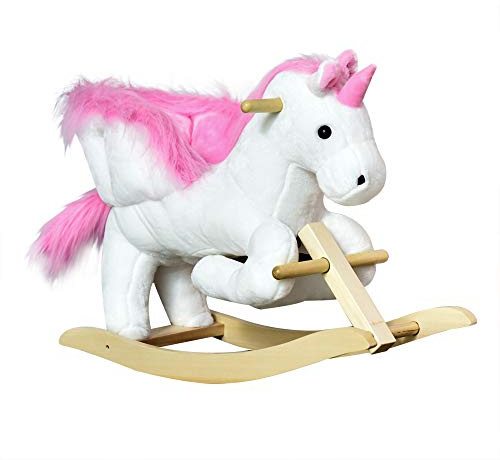 HOMCOM Kids Rocking Horse Toy, Plush Unicorn Rocker Seat with Wood Base and Music, for 1.5-3 Years