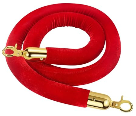 Flexzion Velvet Stanchion Rope (5FT, 1 Pack) 1.5 Thick Red Cord for Ball Crown Top Style Barriers Post, Crowd Queue Line Safe Control, Round Velour with Gold Plated Polished Brass Snap Hook