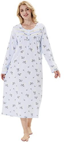 Keyocean Chemise de Nuit Femme Coton Longue Robe de Nuit à Manches Longues