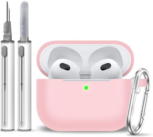 MOLOPPO Funda para AirPods 3, accesorios de protección de silicona con llavero y bolígrafo limpio compatible con Apple AirPod de 3ª generación 2021 para mujeres y hombres, LED frontal visible, rosa