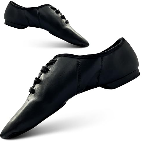 SLIX Scarpe da jazz in pelle scamosciata, con lacci, suola divisa in pelle scamosciata con toppa extra sulle dita, scarpe jazz in pelle PU, scarpe da ballo per donne e ragazze, Tacco in gomma