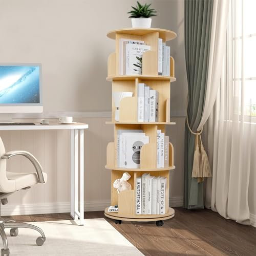 Nisorpa 4-tier Rotating Bookshelf Round 360° Revolving bookcase Rotating bookshelves tower with 4 castors Corner Display Storage Shelf for Living Room Bedroom Study Office(round)