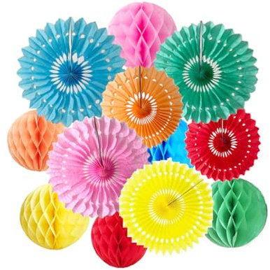 12pcs 6’’ 8’’ Honeycomb Balls Tissue Paper Fans Party Honeycomb Ball Fans Wall Tissue Pom Poms Flower Balls Hanging Paper Fans for Party Baby Shower Birthday Wedding Nursery Decor(Multicolored-1 kit)