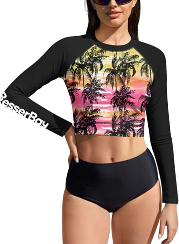 BesserBay Damen Schwimmen Shirt Surf Shirt Bauchfrei UV Shirts UPF 50+ Schwarz Rosa Langarm Rash Guard L