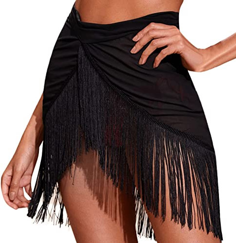 Stand Sarong Damen Kurz - Wickelrock Sexy Strandtücher Durchsichtig Tuch Wrap Strandponcho Sommer Strandtuch Chiffon Pareo Leicht Strandrock Mit Fransen Minirock Schwarz Hüfttuch Bikini Badeanzug