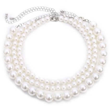 MWUMRCM Collar de Perlas Largo de 3 Filas, Simulación de Perla Chapada en Rodio, Elegante Encanto Femenino Multicapa, Cadena Redonda