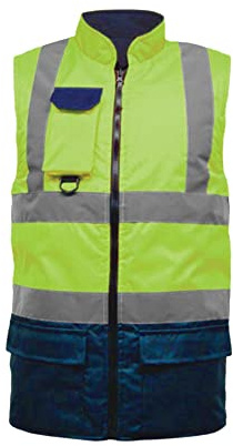 Hi Vis Viz Padded Reversible Fleece Lined Bodywarmer, Hi-Vis Safety High Visibility Gilet Waistcoat Waterproof Two Tone Reflective Tape Workwear Vest UK Plus Size S-5XL, Yellow Navy-XXL