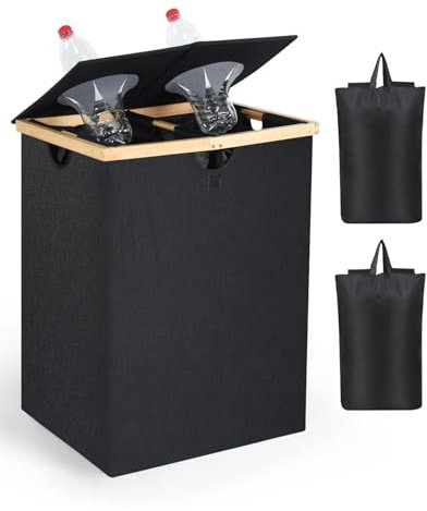 OTraki 140L Recycling Bin, Two Compartment Bin Indoor Recycling Bins with Lid Deposit Bottle Collector Bins with 2 Reusable Bags, Bin Waste Recycling and Laundry Basket