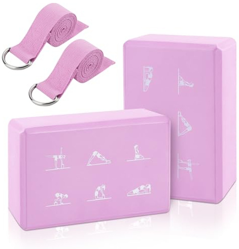 Bloques de Yoga de Espuma EVA de Alta Densidad y Correa de 6 Pies - Kit Antideslizante Sin Látex para Mejorar la Flexibilidad (Rosa)