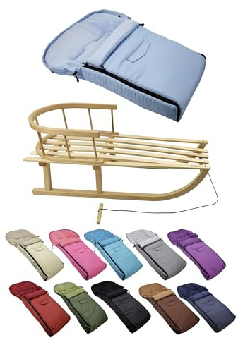 Kombi-erbjudande [träsläde universell vinteråkpåse 90 cm] kälke med ryggstöd och dragrep, fotsäck, lämplig för babystol, barnvagn, buggy med termofleece (ljusblå)