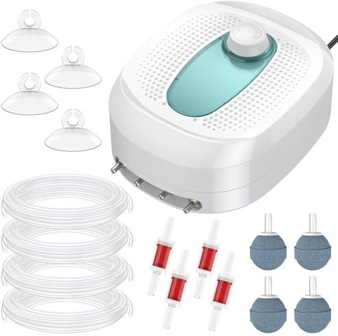Pawfly 760 L/H 8 W Pompe à air pour Aquarium avec 4 Sorties Aérateur réglable pour 38-1136 L étangs Pompe à oxygène silencieuse avec Tuyau Airline Pierres à air Clapets Anti-Retour Ventouses