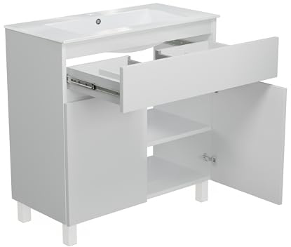 paplinskimoebel - Lavabo avec Meuble Ariza 80 cm de Large, Lavabo avec Meuble sous Vasque avec 2 Portes, Ensemble de Meubles de Salle de Bains - Blanc Mat/Blanc Brillant Front