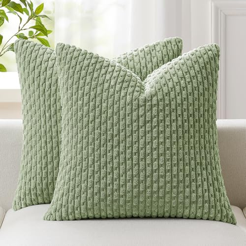 Kevin Textile Spring Boho Cushion Covers 50 x 50 cm Set of 2 Soft Striped Corduroy Decorative Square Cushions Covers 20x20 Inch with Invisible Zipper for Chair Couch Sofa Bedroom, Sage Green