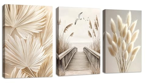 3 Pcs Paisaje Beige Cuadros Decoracion Salon Pampa Espadaña Plantas Pintar Lienzos Decorativos Moderno Puesta de sol Mar Vista Cuadro y láminas Imagen Decorativa Dormitorio Comedor Oficina 30x40cmx3