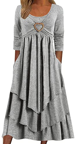 Robe Boheme Femme Manches Longues- Robe Longue Col Rond Irrégulier Plissée Volants Décontracté Couleur Unie Coupe Ample Chic Et Élégants Swing Ourlet Fluide Confortable Doux Tempérament Dress