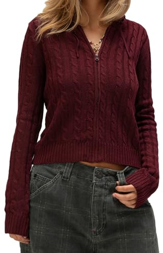 Women Zip Up Hoodie Y2k Vintage Long Sleeve Knitted Sweater 90s Knitwear Coat Jacket Streetwear(Wine Red, Small)