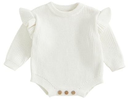 Geagodelia Infant Baby Girl Knit Romper Solid Color Knitted Bodysuits Ruffled Flutter Long Sleeve Round Neck Sweater Jumpsuit Baptism Jumper Playsuit Warm Chunky Knitwear (White, 0-3 Months)