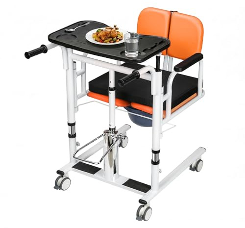 MINDMED Patient Lift Transfer Chair for Home, 440lbs Capacity,Equipped with a Hydraulic Lift Bar, Commode, and Dining Table，4 in 1 Shower Chair with 180° Split Seat, for Elderly Transfer to Bed/Toilet