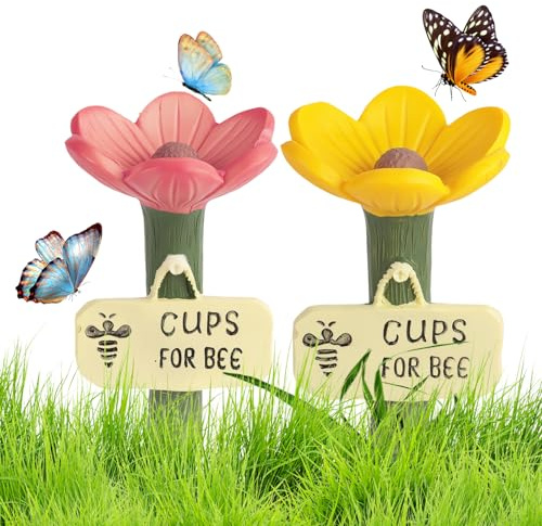 2Pcs Bee Watering Station for Garden - Resin Bee Cups for Garden, Outdoor Pollinator Water Cups for Bees Butterflies, Garden Decor Bee Drinking Cups for Garden for Patio Lawn Yard