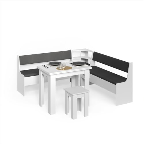 Livinity Gruppo panca ad angolo Tiberio, Bianco, 210 x 210 cm con tavolo